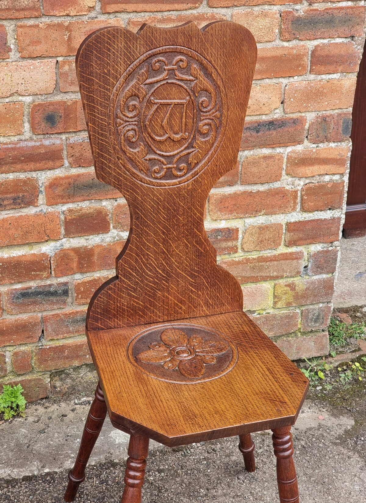 Antique Carved Oak Side Chair with Lathe-Turned Legs, Initialed Carved-back Hall Chair, Bedside Chair - Image 2