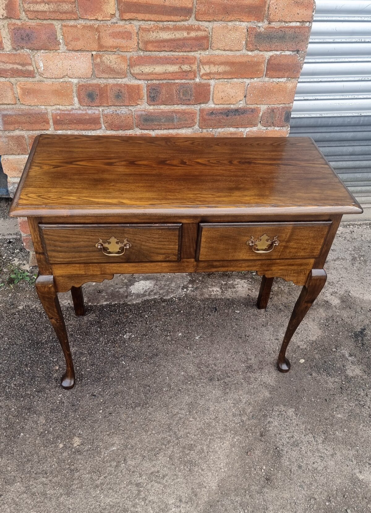 Antique style Oak Hall Table, Oak Side Table with 2 Drawers & Brass Drop Handles - Image 4