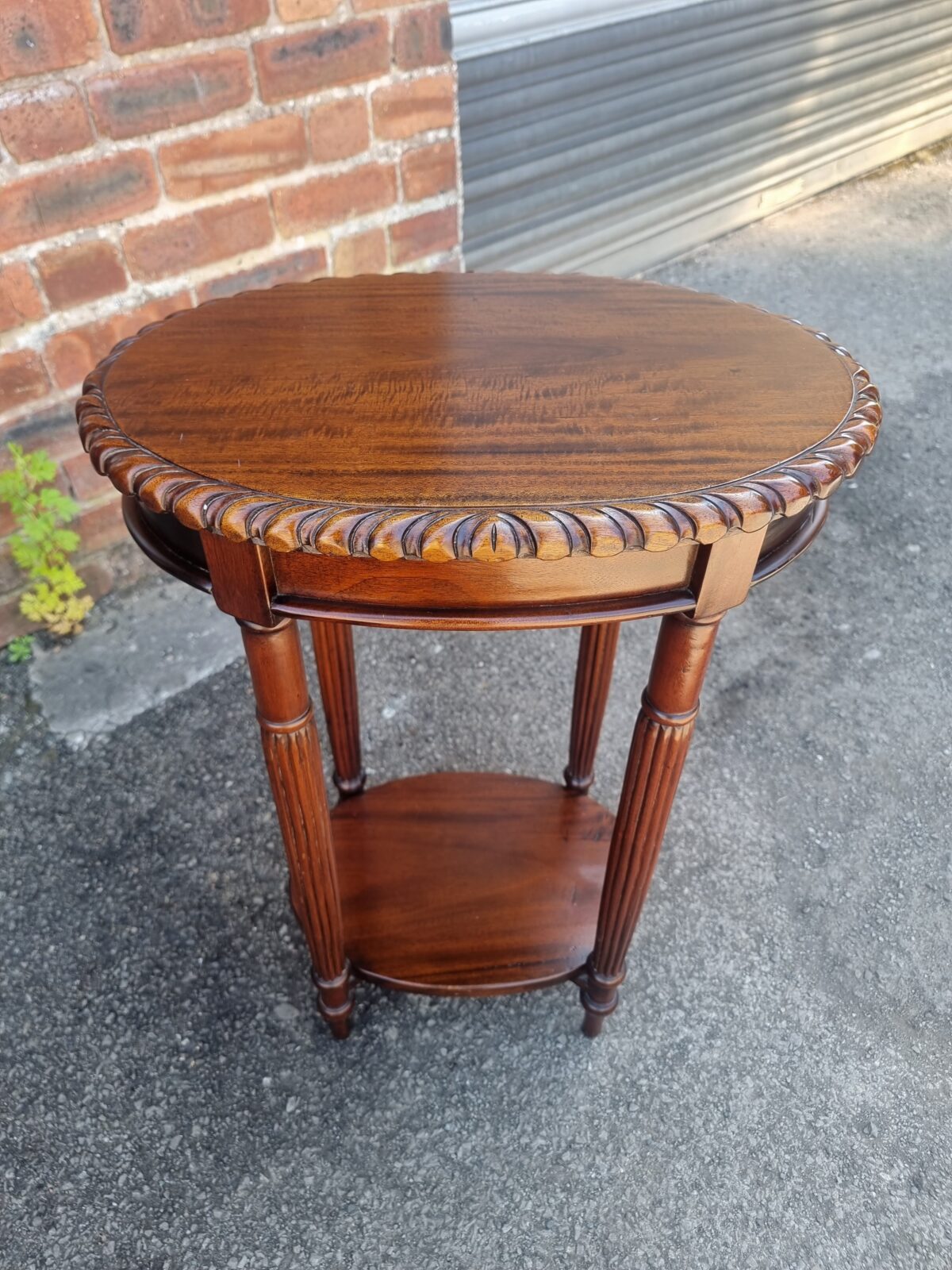 Oval-Top Carved-Edge Side Table, Antique style Mahogany Two-Tier Side Table - Image 2