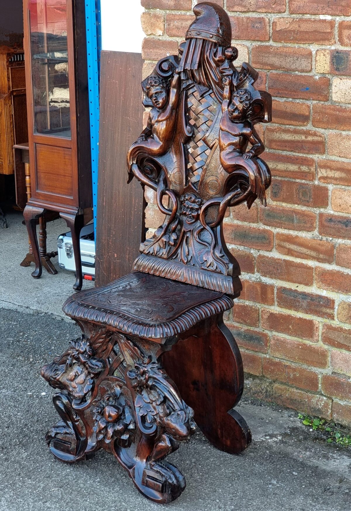 Antique 'Scabello' Chair, Italian Renaissance style Heavily Carved Walnut Hall Chair