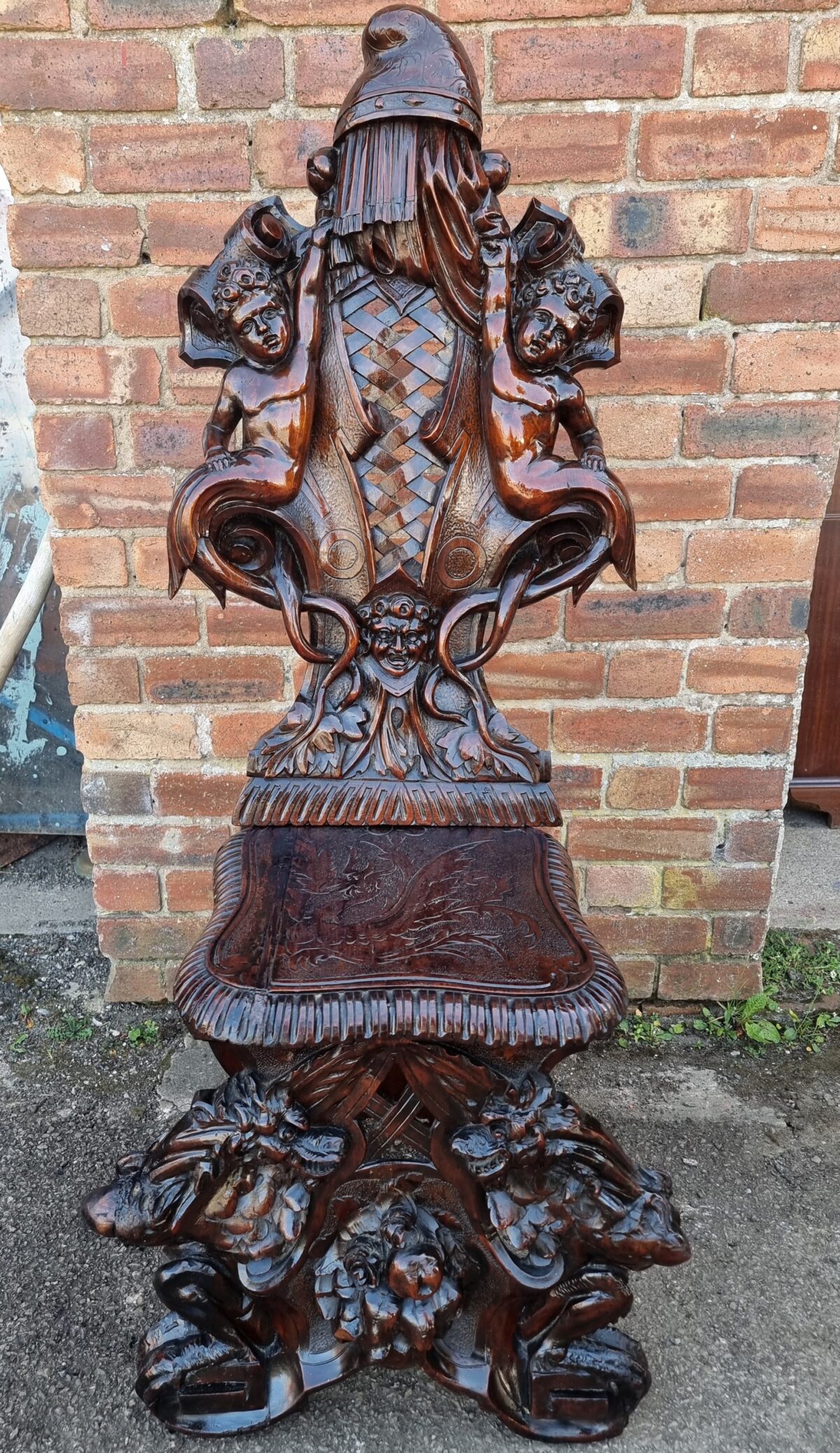 Antique 'Scabello' Chair, Italian Renaissance style Heavily Carved Walnut Hall Chair - Image 3