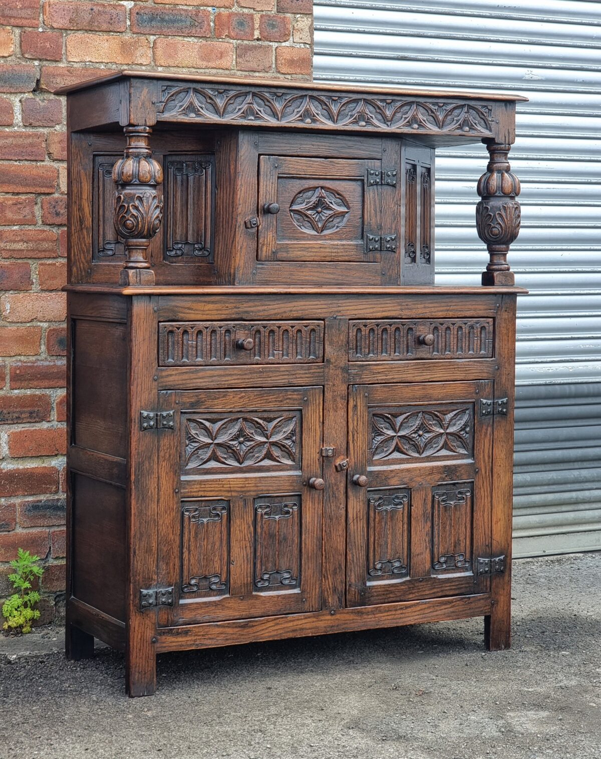 Antique Heavily Carved Oak Court Cupboard, 'Pineapple' Carved Oak Sideboard with Carved Panels & Doors - Image 5