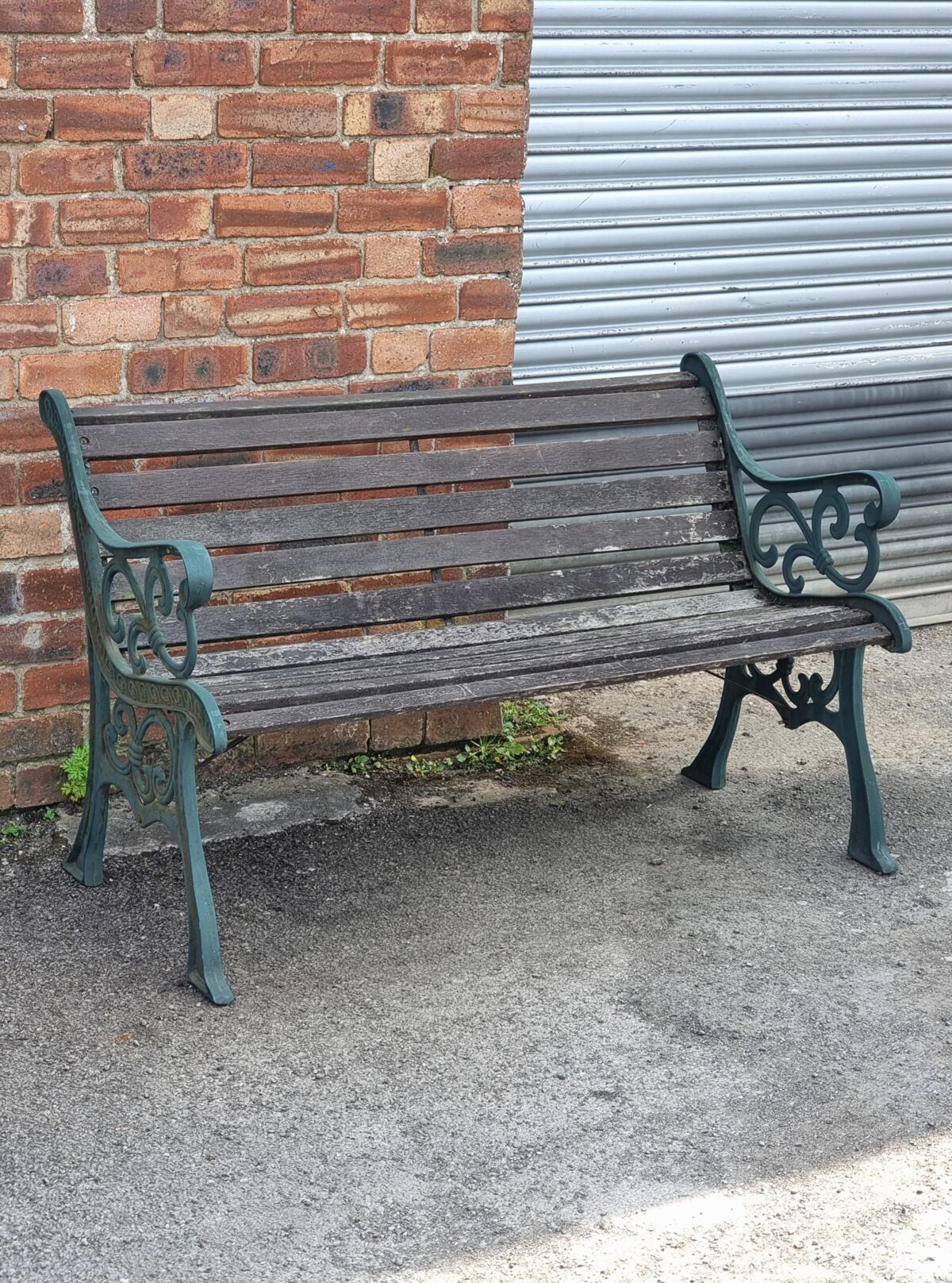 Green Painted Vintage Cast Iron Garden Bench with Wooden Slats