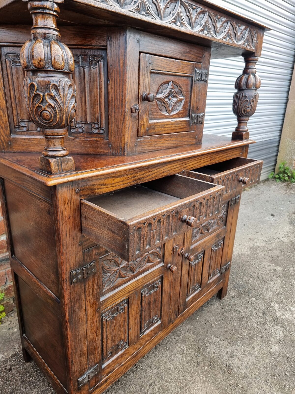 Antique Heavily Carved Oak Court Cupboard, 'Pineapple' Carved Oak Sideboard with Carved Panels & Doors - Image 3