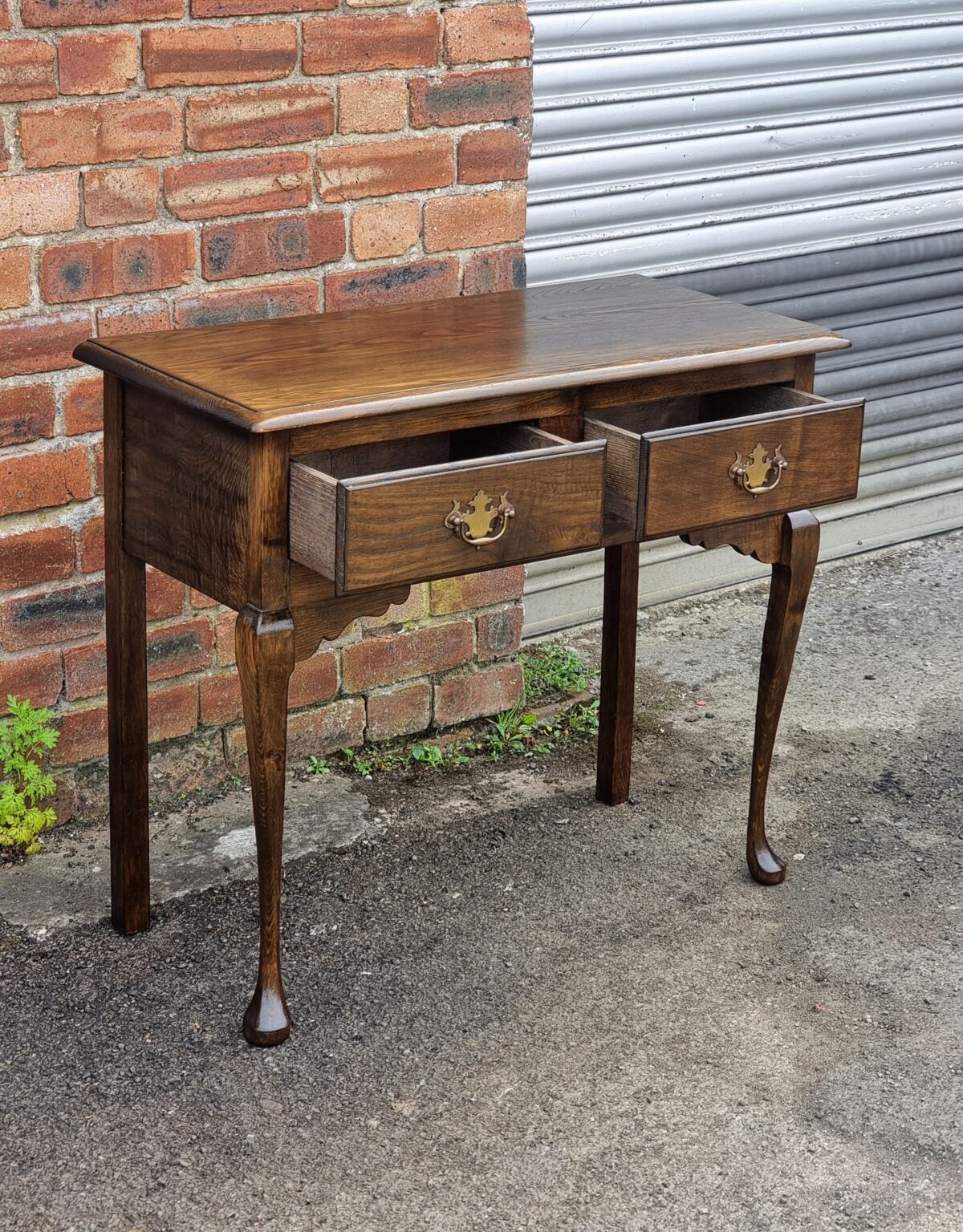 Antique style Oak Hall Table, Oak Side Table with 2 Drawers & Brass Drop Handles - Image 2
