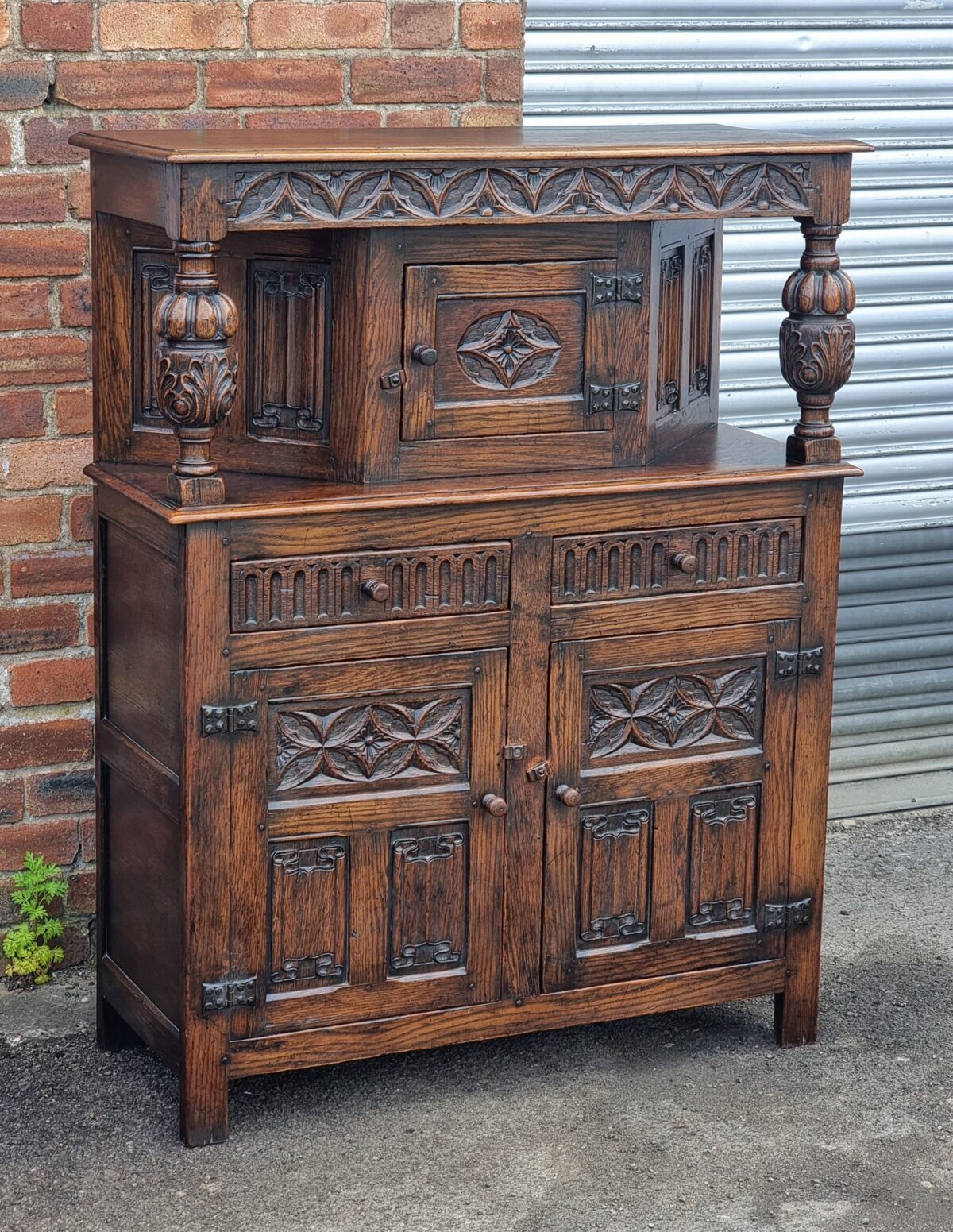 Antique Heavily Carved Oak Court Cupboard, 'Pineapple' Carved Oak Sideboard with Carved Panels & Doors