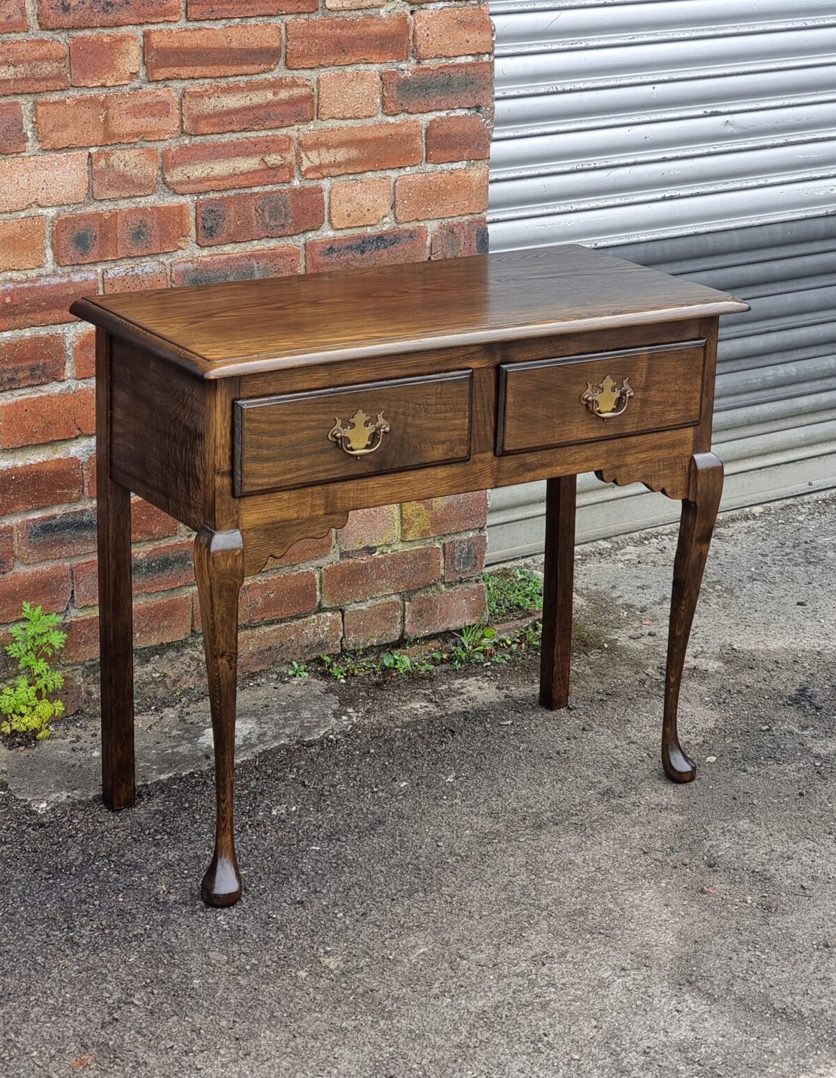 Antique style Oak Hall Table, Oak Side Table with 2 Drawers & Brass Drop Handles